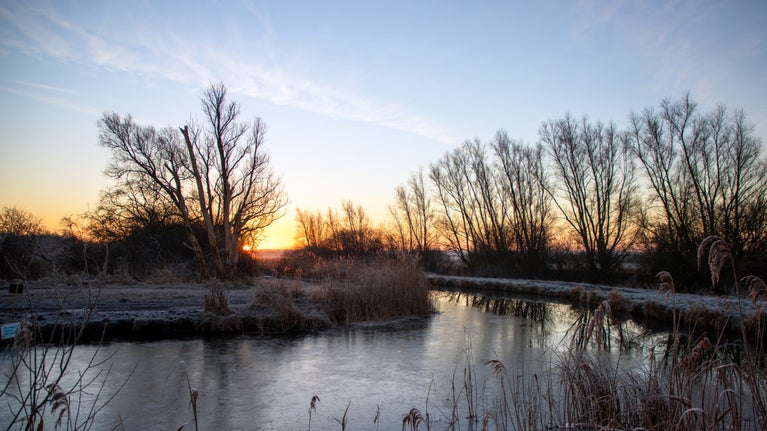 Bare tree branches and a frost covered river bank with river in between and a low sunset in the background